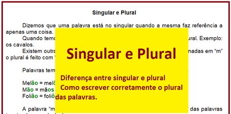 Texto de explicação sobre o conceito de singular e plural com exemplos de diferentes formações de plurais. Plural E Singular