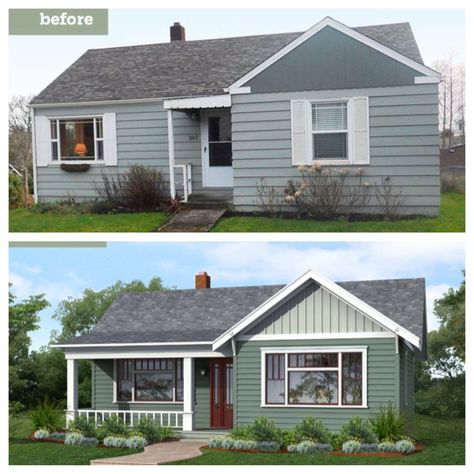 Before and after curb appeal.  Add front porch.  Expand windows.  Create curvy walkway.  Add overhang to roofline. Before And After Curb Appeal, Farm Porch, House Exterior Before And After, Victorian Details, Front Porch Addition, House Makeovers, House Before And After, Ranch Remodel, Porch Addition