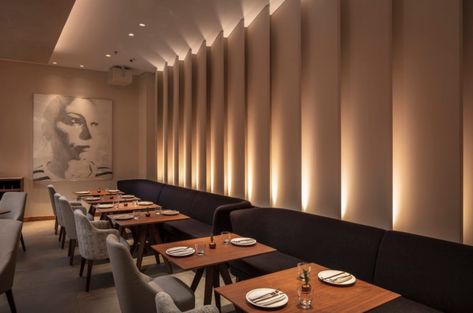 Long Restaurant Design, Restaurants In Dubai, Fabric Wall Panels, Greek Restaurants, Vip Room, Italian Interior, Booth Seating, Coffee Shops Interior, Restaurant Lounge