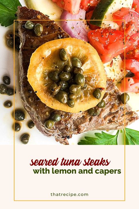 Take your tuna steaks to the next level. Discover this easy seared tuna recipe with a delightful lemon caper sauce. Perfectly healthy, ready in 30 minutes, and a sure hit with seafood lovers!  seafood recipes | tuna recipes | weeknight fast | healthy recipes Roasted Fennel Salad, Seared Tuna Recipe, Seared Tuna Steaks, Recipes Tuna, Lemon Spaghetti, Tuna Recipe, Lemon Caper Sauce, Caper Sauce, Fast Healthy Lunches