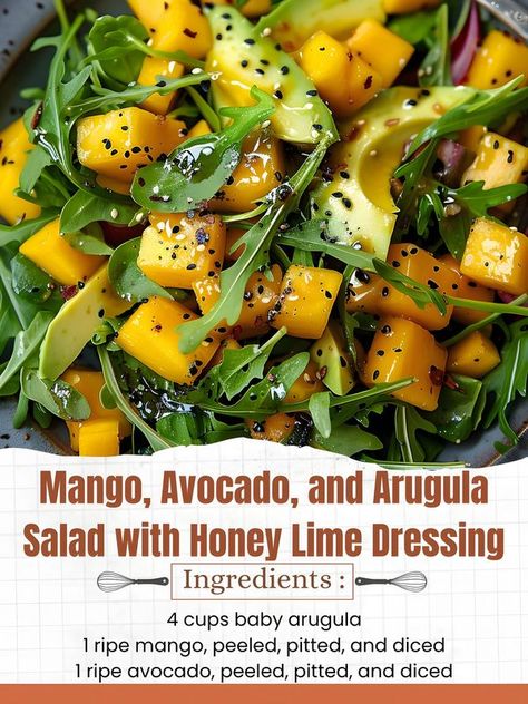 Mango Avocado Arugula Salad, Mango Avocado Arugula Salad With Honey Lime Dressing, Mango Avacado Salad, Salad With Honey Lime Dressing, Creative Cookery, Mediterranean Diet Recipes Breakfast, Ketone Recipes, Arugula Recipes, Arugula Salad Recipes