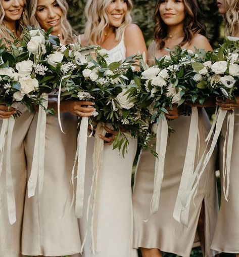 Loving this chic neutral palette and natural greenery! Mini Bridesmaid Dresses, Neutral Wedding Color Schemes, Bridesmaid Dresses Champagne, Bridesmaid Dresses White, Greenery Bouquets, Special Photography, Neutral Wedding Inspiration, Dresses Champagne, Neutral Bridesmaid Dresses