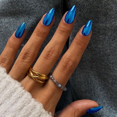 Denim Chrome Nails, Chrome Nails Designs Blue, Best Chrome Nails, Royal Blue Chrome Nails, Nails Acrylic Designs Unique, Color Chrome Nails, Chrome Blue Nails, Blue Nails Acrylic, Trendy Acrylic Nails