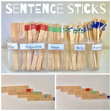 Using popsicle or craft sticks make learning more fun.(See ideas here) These sentence sticks work great to teach the parts of a sentence/speech: verbs, nouns, adjectives etc. Use it to make silly sentences or real sentences too! I simply wrote starter words, adjectives, nouns, verbs and adverbs on craft sticks. Then added some Washi tape, … Sentence Sticks, Teaching Sentences, Silly Sentences, Nouns And Adjectives, Craft Sticks, Grammar Activities, Teaching Grammar, Activities Preschool, English Classroom