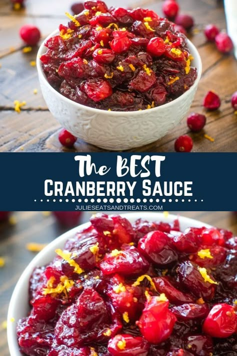 The delicious cranberry sauce is flavored with orange and cinnamon to make it The Best Cranberry Sauce! It's not the holidays without cranberry sauce and now you can make it homemade. It's way better and super easy! Your guests will be thanking you for making this easy Thanksgiving side dish.  #julieseatsandtreats #cranberrysauce #cranberry via @julieseats Cranberry Sauce Thanksgiving, Best Cranberry Sauce, Easy Cranberry Sauce, Cranberry Orange Sauce, Orange And Cinnamon, Jellied Cranberry Sauce, Thanksgiving Side Dishes Easy, Canned Cranberry Sauce, Leftover Cranberry Sauce