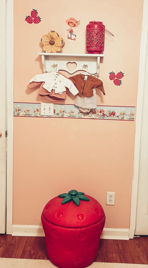 Strawberry Shortcake Room Ideas, Strawberry Nursery Decor, Strawberry Shortcake Room, Vintage Strawberry Nursery, Strawberry Nursery, Strawberry Shortcake Nursery, Strawberry Shortcake Baby Room, Strawberry Fields Nursery, Strawberry Shortcake Bathroom