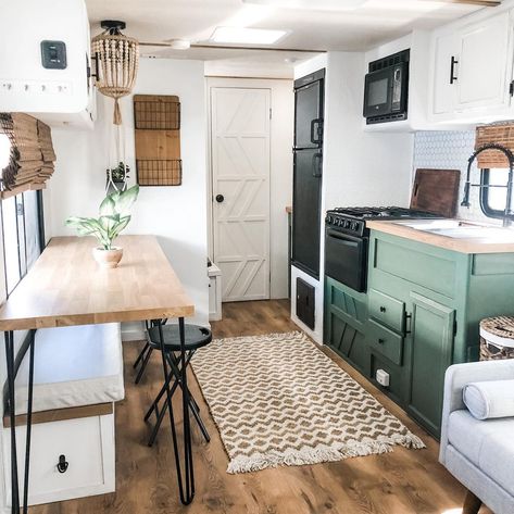 Rachel • RV Reno and DIY on Instagram: “Swapping out the dinette for this 5.5 foot long table that doubles as giant food prep space, Jake’s desk when we work from the road, and my…” Camper Updates, Motorhome Remodel, Rv Interior Remodel, Camper Interior Design, Tiny House Camper, Camper Trailer Remodel, Vintage Camper Remodel, Diy Camper Remodel, Rv Makeover