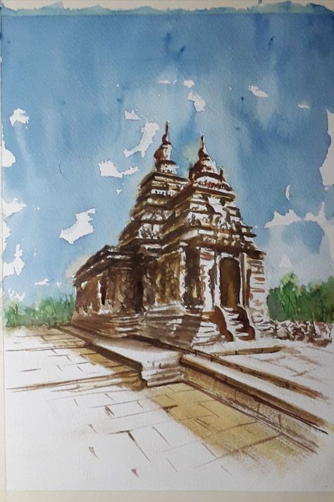 Shore Temple, Temple Watercolor, Watercolor Indian, Indian Temple Architecture, Nature Iphone Wallpaper, Miniature Photography, Temple Architecture, Architecture Drawing Art, Architecture Painting