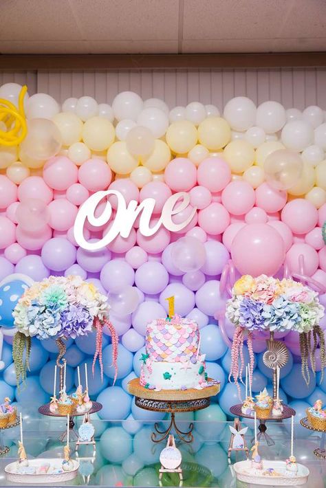 Mylani's under the sea first birthday | CatchMyParty.com Under The Sea 1st Birthday, Sea Birthday Party Ideas, Birthday Under The Sea, Sea Party Ideas, Under The Sea Birthday Party, 1st Birthday Party For Girls, 12 Birthday, Girls Birthday Party Themes, Party Backdrops