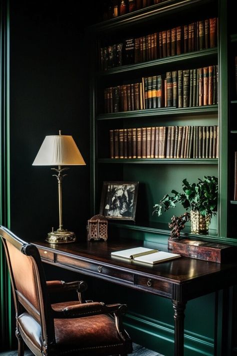 Dark Green And Wood Office, Dark Academia Small Room, Forest Green Library, Dark Cottage Core Office, Cozy Study Room Ideas, Dark Academia Aesthetic Office, Moody Study Room, Dark Academia Office Aesthetic, Traditional Study Room