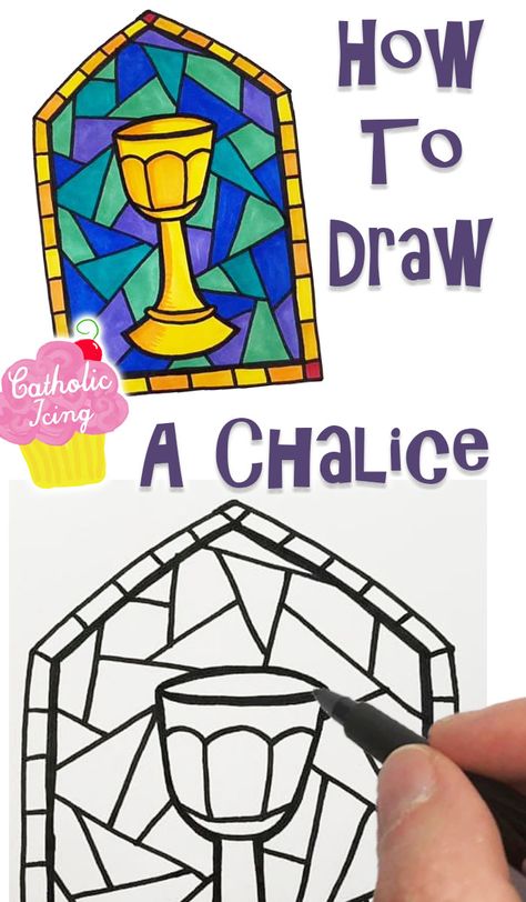 This beautiful how to draw goes through how to draw this chalice in a stained glass window step by step. This is also a perfect lesson for learning about warm and cool colors, and for First Holy Communion prep. #catholickids #howtodraw #firstholycommunion #firstcommunion #firstcommunionprep First Communion Crafts For Kids, First Communion Retreat Ideas, Eucharist Craft, First Communion Activities, Communion Art Ideas, Most Precious Blood Of Jesus, Precious Blood Of Jesus, Catholic Church Stained Glass, Catholic Kids Crafts