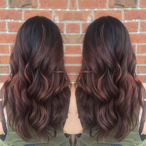 Red balayage Asian Red Balayage, Dark Brown Auburn Balayage, Dimensional Brunette Red, Asian Red Hair Balayage, Mohagany Brown Hair, Asian Red Hair, Balayage Asian Hair, Ash Gray Hair Color, Asian Balayage