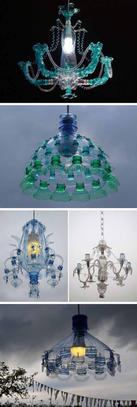 Plastic Bottle Chandelier Diy, Things Made Out Of Plastic Bottles, Recycled Plastic Chandelier, Cute Recycled Crafts, Pet Bottle Art, Plastic Waste Art, Plastic Bottle Chandelier, Recycled Plastic Art, Upcycling Plastic Bottles