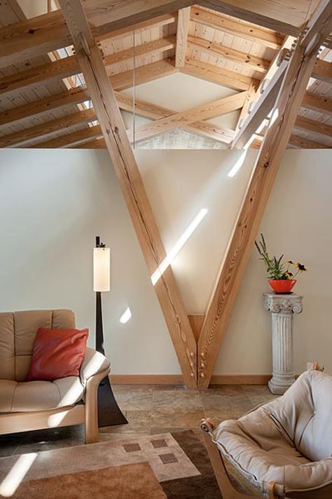 Exposed beams in a unique "V" shape. Forest Pavilion, Modern Timber Frame Homes, Modern Timber Frame, Timber Frame Joinery, Ranch Ideas, Timber Architecture, Pine Timber, Wood Architecture, Interior Design Boards