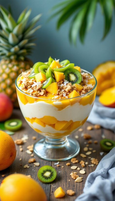 Recipe Ingredients: Mango, pineapple, coconut milk, topped with sliced kiwi, granola, coconut flakes, chia seeds, and almonds. • Instructions: In a blender, combine 1 cup of mango, 1 cup of pineapple, and 1 cup of coconut milk, then blend until smooth. Pour the mixture into a bowl and top with sliced kiwi, a sprinkle of granola, coconut flakes, chia seeds, and sliced almonds. Adjust toppings as desired for a colorful presentation. Enjoy your refreshing Tropical Paradise Smoothie Bowl! Granola Coconut, Afghan Food Recipes, Cheesecake Smoothie, Afghan Food, Mango Pineapple, Smoothie Juice, Pineapple Coconut, Recipe Ingredients, Sliced Almonds