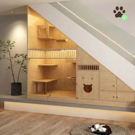 Cat Room Ideas, Room Under Stairs, Under Stair, Cat Area, Cat Stairs, Cat Patio, Cat Houses, Custom Millwork, Laundry Bathroom