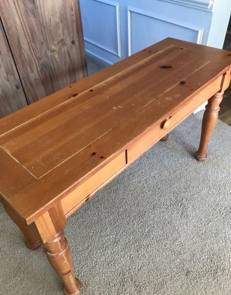 This is the perfect console table, perfect for an entryway or behind your sofa, use as a tv table, desk ect... it just needs some TLC. My vision for this table was a coastal, beachy vibe! It’s definitely a good strong piece, solid wood from broyhill. I love that it has a functional drawer. Once I cleaned it up with Krud kutter, a great cleaning solution from Home Depot it was ready for sanding! I used a palm sander with the roughest sand paper to remove the old stain, the… Painted Sofa Table Ideas, Sofa Table Redo, Console Table Makeover, Console Makeover, Farmhouse Entry Table, Krud Kutter, Refurbishing Furniture, Diy Picnic Table, Farmhouse Entry