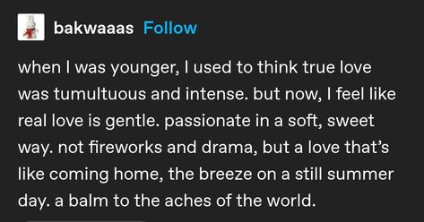 when i was younger, i used to think true love was tumultuous and intense. but now, i feel like real love is gentle, passionate in a soft, sweet way. not fireworks and drama, but a love that's like coming home, the breeze on a still summer day. a balm to the aches of the world. relationship love words quotes friendship couple boyfriend girlfriend Do All Lovers Feel Like They’re Inventing Something, Gentle Boyfriend Aesthetic, Gentle Love Couple, Gentle Love Quotes, Soft Love Quotes, Friendship Couple, Couple Boyfriend, Communication Relationship, Quotes Friendship