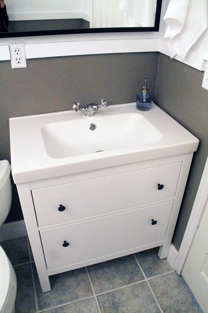 Ikea Hemnes sink.  Laundry Room/Half Bath Before and Afters | Chris Loves Julia Organic Bathroom Design, Ikea Bathroom Sinks, Natural Bathroom Design, Tiny Bathroom Sink Ikea, Modern Organic Bathroom, Under Bathroom Sink, Ikea Sinks, Sink Decor, Ikea Bathroom