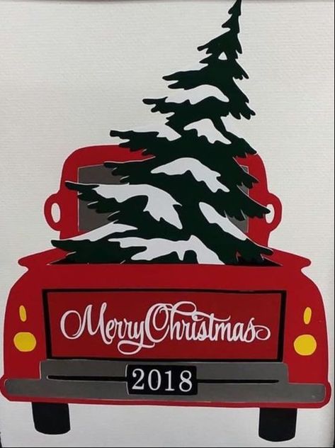 Red Truck Rock Painting, Truck With Christmas Tree Drawing, Red Truck Christmas Painting, Red Truck Christmas Decor Ideas, Red Truck Christmas Pictures, Red Truck Pattern, Country Christmas Cards, Red Truck Christmas Tree, Jul Diy