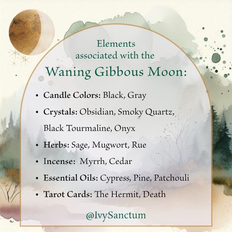 🌖✨ Enhance Your Waning Gibbous Moon Ritual with These Elements ✨🌖 These elements align with the Waning Gibbous Moon's themes of release, protection, and transformation. They support the Crone's energy during this time, enhancing your banishing rituals and helping you clear away what no longer serves you: 🕯️ Candle Colors: Use Black to banish negative energies and provide strong protection. Gray complements this by neutralizing and dissolving residual negativity. 💎 Crystals: Incorporate Obs... Waning Moon Magic, Waning Gibbous Moon Ritual, Waning Moon Ritual, Spiritual Offerings, Moon 2024, Waning Gibbous Moon, Banishing Ritual, Witchy Journal, Candle Colors