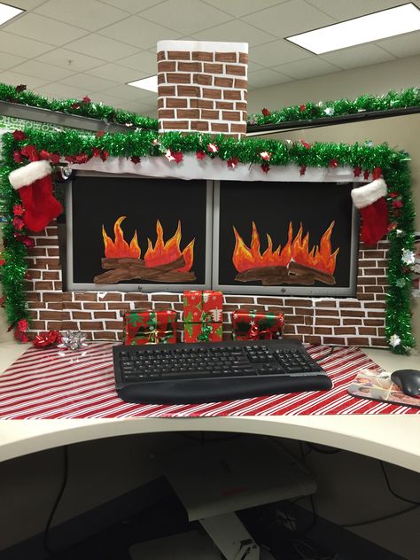 Christmas desk decorations. I have a pin out there without the chimney. I added the chimney today. Christmas Desk Decorations, Christmas Cubicle Decorations, Office Cubicle, Cubicle Decor, Diy Office, Cookie Pops, Office Christmas Decorations, Office Christmas, Office Holiday