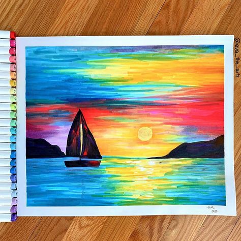 @eva_the_arts on Instagram: “Hello! I made this ocean sunset over the weekend using @ohuhuart alcohol brush markers on @cansonpaper / @cansonpaper_northamerica 14x17…” Marker Alcohol Art, Ocean Drawing, Markers Drawing Ideas, Markers Drawing, Brush Markers, Alternative Art, Ocean Sunset, Marker Drawing, Drawing Inspo