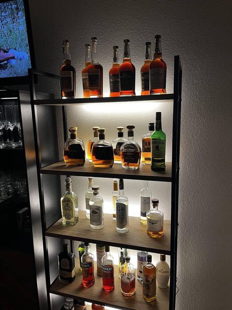 Your liquor collection will look a million times better with indirect lighting like this liquor collection on a shelf. 🤩 So cosy and inviting! 👌 Liquor Room, Liqour Bottles, Liquor Storage, Bottle Display, Indirect Lighting, Standing Shelves, Basement Ideas, A Shelf, Display Shelves