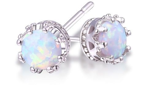 2.00 CTW Genuine Opal Crown Stud Earrings Luxury Round Opal Earrings, Elegant Earrings Classy, Opal Crown, Mens Diamond Stud Earrings, White Opal Stud Earrings, How To Clean Gold, Clean Gold Jewelry, Opal Stud Earrings, Crown Earrings