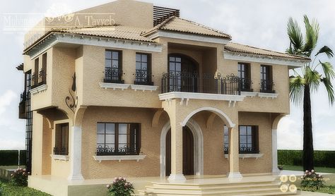 The entrance is lifted up with a few steps and decorated with pillars and an arch-shaped umbrella. Houses Plans, Architecture Sketch, Entrance, House Plans, Umbrella, Arch, Villa, Sketch, Exterior