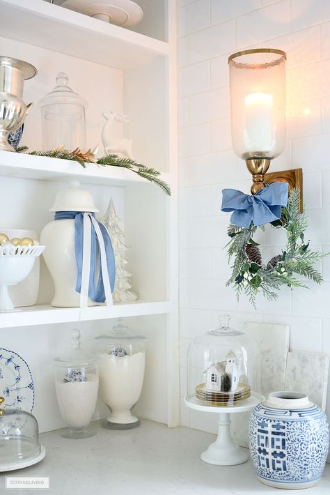 Chinoiserie Kitchen Decor, Decorating With Ginger Jars, Chinoiserie Kitchen, Coastal Wreaths, Alcove Ideas, Mantel Styling, Blue And White Christmas, Chinoiserie Ginger Jars, White Shelf