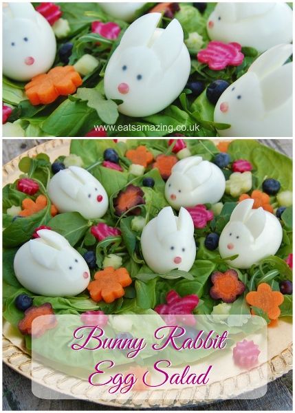 Bunny Rabbit Easter Salad from Eats Amazing UK - Fun Easter food idea with simple boiled egg rabbits Fun Easter Food, Rabbit Salad, Dish Presentation, Easter Salad, Healthy Easter Recipes, Food Easter, Easter Fun Food, Easter Party Food, Recipes Easter