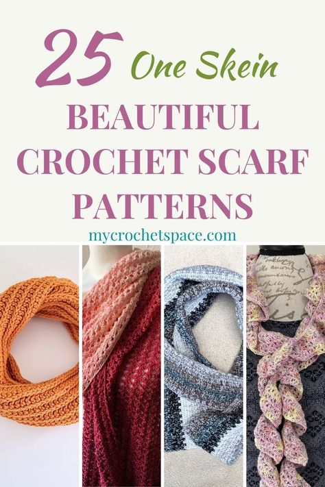 Are you looking for easy crochet scarf patterns that you can make with one skein of yarn? Then this is for you! Here you can find over 25 easy, beautiful, mostly free crochet scarf patterns that only use one skein of yarn! Most of those crochet quick projects are free, simple and easy for beginners and some of them are intricate and more unique! Crochet Scarf Beginner, Quick Crochet Scarf, One Skein Crochet Scarf, Lightweight Crochet Scarf, Scarf Pattern Design, Crochet Scarf Pattern Free Easy, Crochet Infinity Scarf Free Pattern, Free Crochet Scarf, Crochet Scarf Patterns