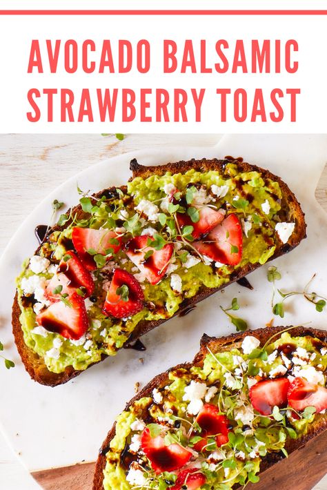 This delicious toast is a quick, easy, and healthy breakfast or snack! Just top your toast with avocado, sliced strawberries, goat cheese, and a drizzle of balsamic.  #californiastrawberries #strawberrytoast #avocadotoast #strawberrytoast #toastideas #breakfastrecipe #snackrecipe #healthymeals #healthyfood #easycooking #simplerecipes #strawberries Strawberry Avocado Toast, Avocado Toast With Goat Cheese, Avocado Toast With Strawberries, Avocado Goat Cheese Toast, Sweet Avocado Toast, Veggie Toast Ideas, Balsamic Avocado Toast, Pesto Toast Breakfast, Mediterranean Avocado Toast