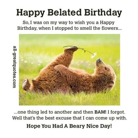 Happy Belated Birthday .. So, I was on my way to wish you a Happy Birthday, when I stopped to smell the flowers, one thing led to another and then BAM! I forgot. Well that’s the best excuse that I can come up with. Hope You Had A Beary Nice Day! Happy Belated Birthday Quotes, Funny Belated Birthday Wishes, Belated Birthday Funny, Late Birthday Wishes, Belated Birthday Greetings, Happy Birthday For Her, Happy Birthday Typography, Belated Birthday Wishes, Happy Late Birthday