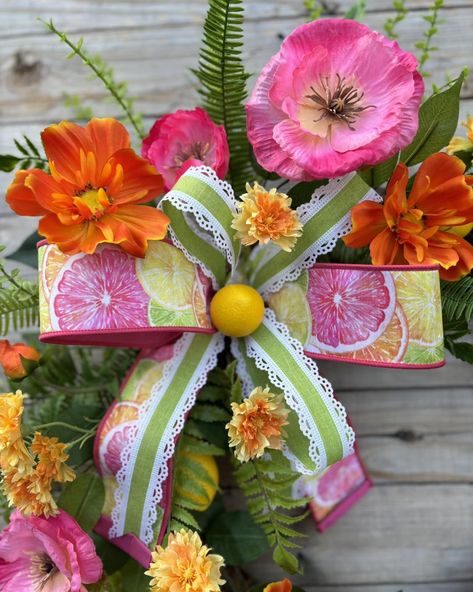 I created this wreath on my Live on Sunday... do you love the colors of summer? What is your favorite color combo? Tropical Floral Wreath, Citrus Wreath, Front Door Pink, What Is Your Favorite Color, Colors Of Summer, Lemon Wreath, Pink Wreath, My Live, Wreath Front Door