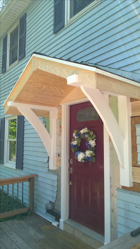 Back Door Portico Ideas, Exterior Overhang Ideas, Front Door Roof Overhang Entrance, Front Porch Awning Ideas Front Door, Back Deck Door Ideas, Small Archways In Homes, Small Roof Over Front Door Entrance, Small Front Porch Overhang, Front Door Overhang Ideas