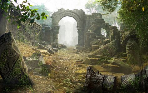 Ruin by June (Jihyun Kim) | Fantasy | 2D | CGSociety Forest Ruins Fantasy Art, Fantasy Ruined City, Architectural Tattoo, Fantasy Temple, Fantasy Ruins, Kick Boxer, Exterior Drawing, Ruined City, Temple Ruins