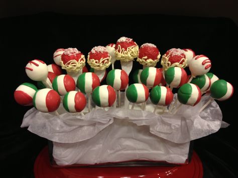 Italian flag and spaghetti n meatballs by Haute Pop Couture Spaghetti Cake, Boxing Ideas, Eurovision Party, Outdoorsy Wedding, Cake Pop Designs, Italian Party, Cake Pop Decorating, Twin Birthday Parties, Italian Theme