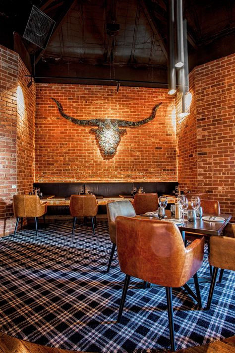 MPD Steak Kitchen designed by Lukas Partners in Melbourne, Australia. Photography: Marvelle Photography Pork Restaurant Design, Steak House Interior Design, Smokehouse Restaurant Design, Steak House Restaurant Design, Steak House Design Restaurants, Texas Restaurant Design, Cowboy Restaurant Design, Steak Restaurant Design, Steak House Interior