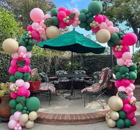 Pink Green Black Balloon Garland, Green Pink Gold Balloons, Pink Green And Gold Party Decorations, Green And Pink Decorations Party Ideas, Green And Pink Party Decor, Pink And Green Decorations Party, Pink And Green Balloon Arch, Pink And Green Balloon Garland, Flamingo Balloon Garland