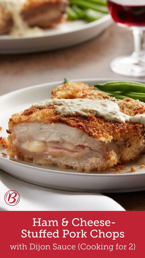 Ham and Swiss cheese-stuffed pork chops are breaded and cooked to a crispy golden brown and served with a simple, zippy Dijon mustard sauce. Stuffed Pork Loin Chops, Mushroom Sauce Recipes, Baking Ham, Chopped Steak Recipes, Cooking For 2, Cheese Pork Chops, Ham Sauce, Dijon Mustard Sauce, Fried Ham