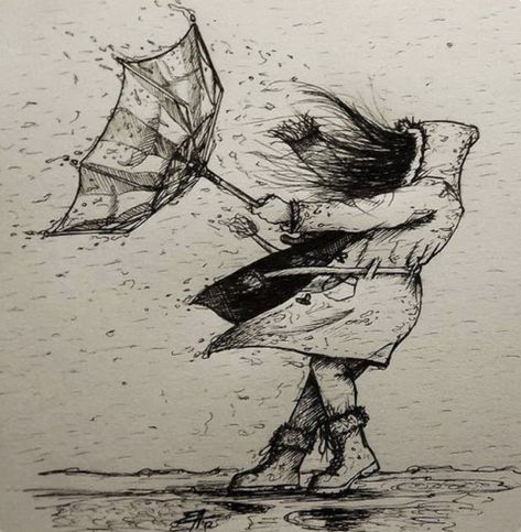 Windy Hair Drawing, Windy Day Drawing, Windy Art, Weather Drawing, Wind Drawing, Umbrella Drawing, Weather Art, Pen Art Work, Umbrella Art