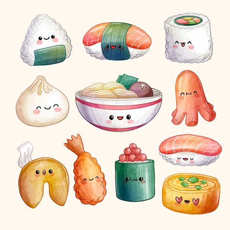 Cute Food Art Drawing Illustrations, Chibi Food Kawaii, Food Kawaii Illustration, Cute Drawings Food, Cute Food Art Drawing, Asian Food Drawing, Food Cute Drawing, Cute Food Drawings Kawaii, Food Drawing Cute