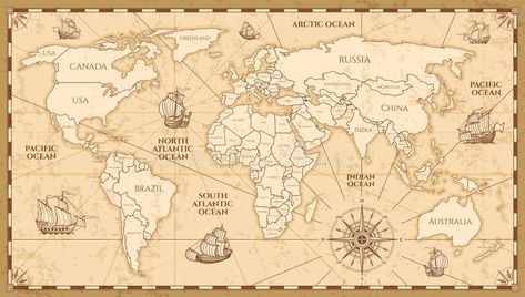 Illustration about Vector antique world map with countries boundaries. Antique world vintage map, grunge america and europe illustration. Illustration of historic, global, creative - 101080162 Europe Illustration, World Map With Countries, Large Wall Murals, Antique World Map, Watercolor Paper Texture, Vintage Nautical, Vintage Grunge, Vintage Maps, Antique Map