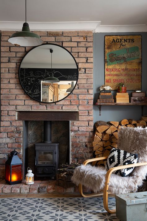 Exposed Brick Fireplaces, Brick Wall Living Room, Log Burner Living Room, Brick Feature Wall, Brick Living Room, Brick Interior, Living Room Images, Real Homes, Cosy Living Room