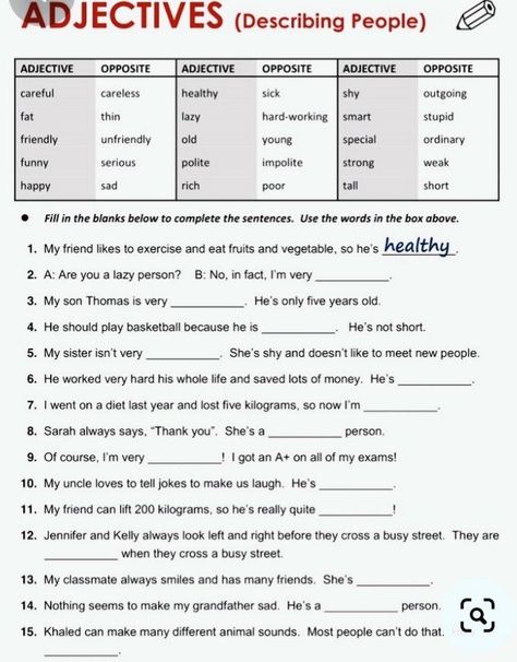 English Vocabulary Exercises, Describing People, English Grammar Test, Adjective Worksheet, Reading Comprehension Lessons, English Learning Books, Teaching English Grammar, English Grammar Worksheets, English Worksheets For Kids