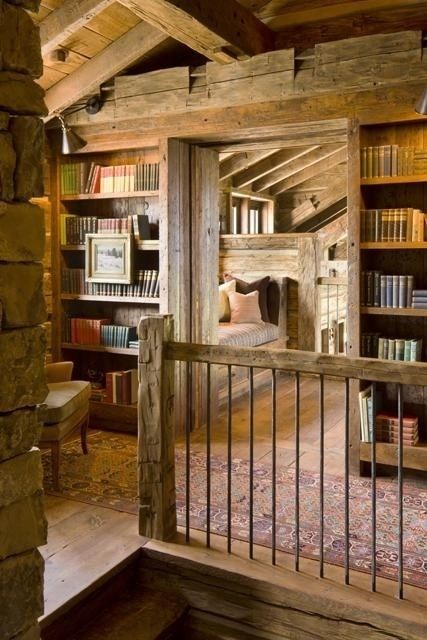 Rustic Reading Loft, Lots Of Books, Attic Bedrooms, Home Library Design, Interior Kitchen, Home Libraries, Cabins And Cottages, Cabin Life, Home Library