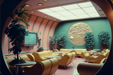 Retro Futurism Architecture, 70s Futurism, Retro Futurism Interior, Groovy Interiors, Retro Architecture, 80s Interior, Spaceship Interior, Mod Decor, Retro Interior Design