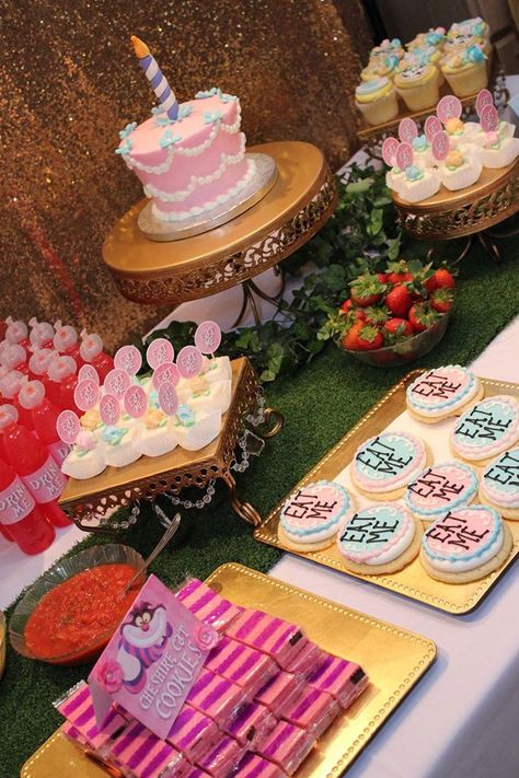 Alice In Onederland First Birthday Tea Party, 1st Birthday Onederland Theme, Alice In Wonderland Party Theme 1st Birthdays, Onederland Food Ideas, Onderland Birthday Girl, Onederland Birthday Party Decorations, Alive In Onederland Birthday, Onederland Party Food, Onederland Birthday Party Food